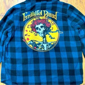 Grateful Dead Skeleton Rose Crown Blue/Black Plaid Flannel Shirt Womens XS